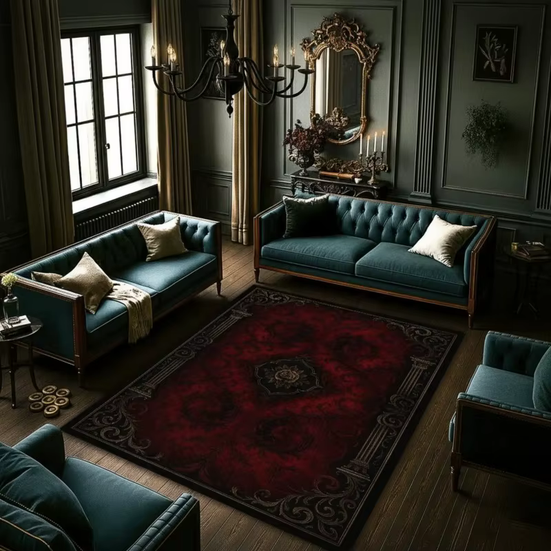 Tapis d'intérieur en feutre de grande taille, rouge foncé, à motifs floraux vintage, avec bordure no