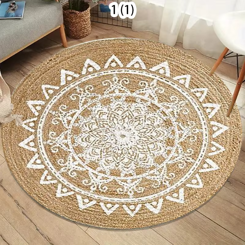 Tapis rond à texture imitation jute naturelle, style bohème, décoration de la maison, tapis antidéra