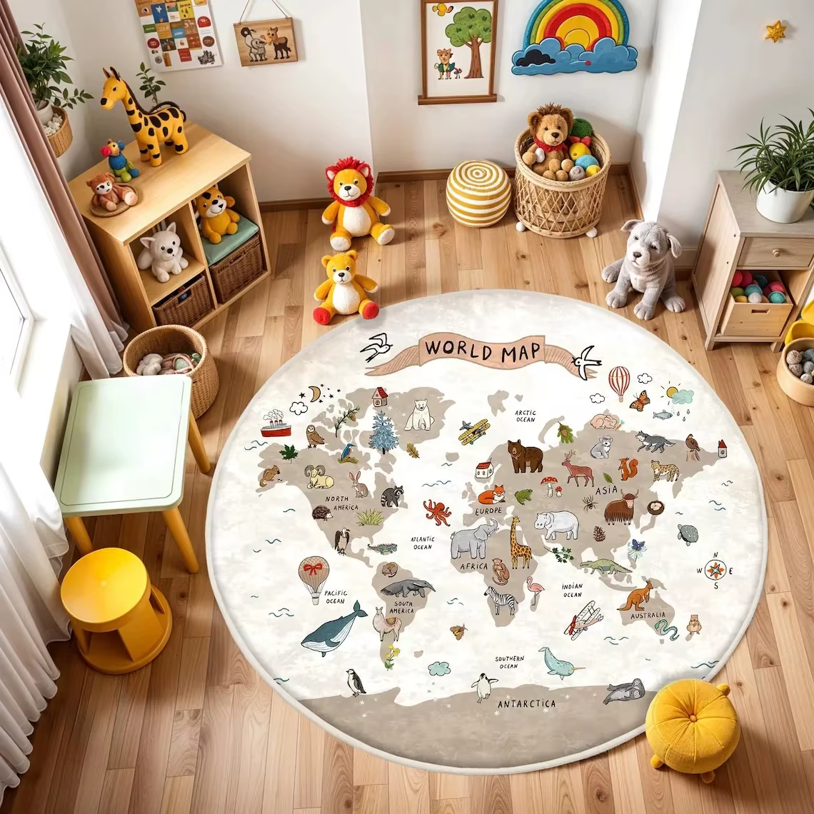 Tapis de sol rond imprimé carte du monde animalier, tapis antidérapant pour chambre à coucher, décor