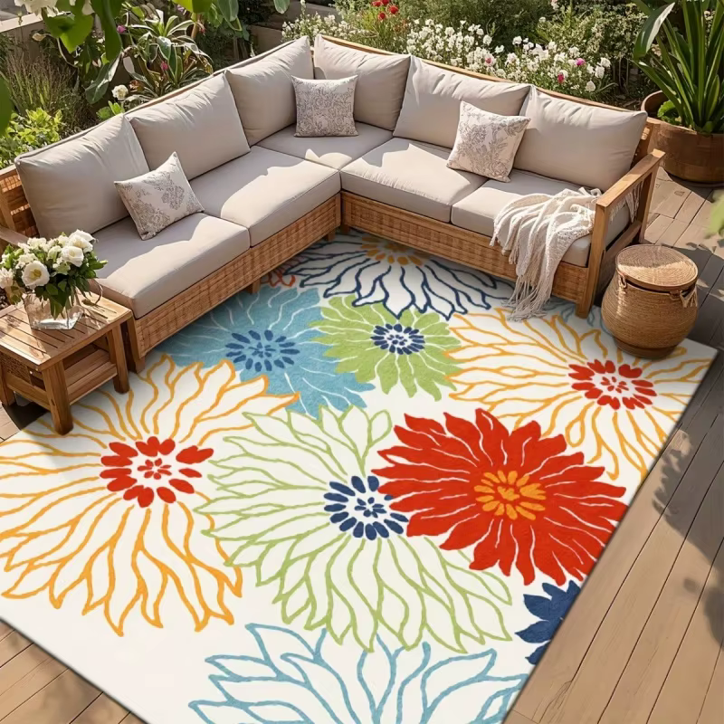 Nouveau tapis de patio extérieur aux motifs floraux vibrants, grand tapis imprimé de chrysanthèmes c