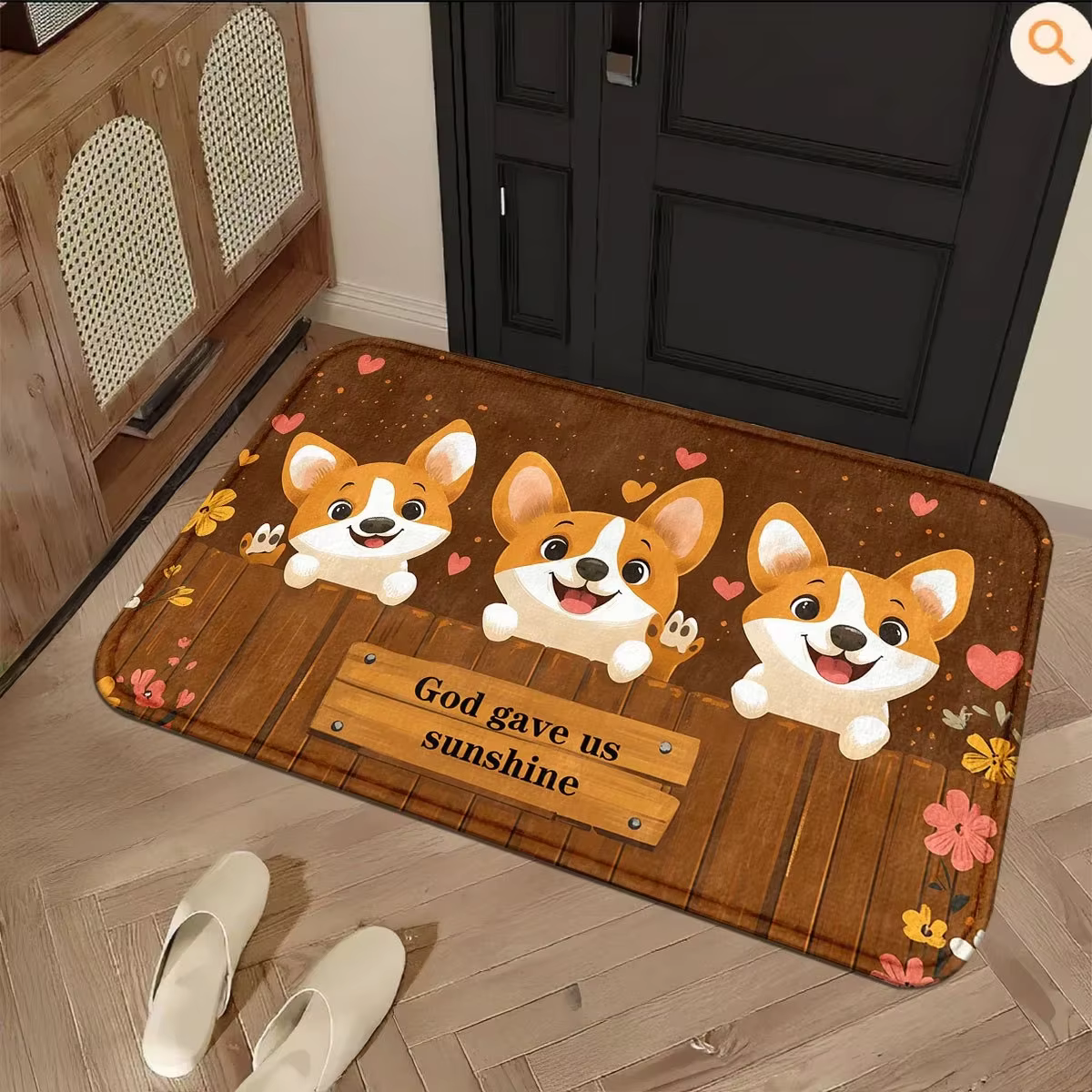 Tapis de sol de cuisine en bois avec motif de chien corgi en dessin animé, cœur d'amour, Dieu nous a