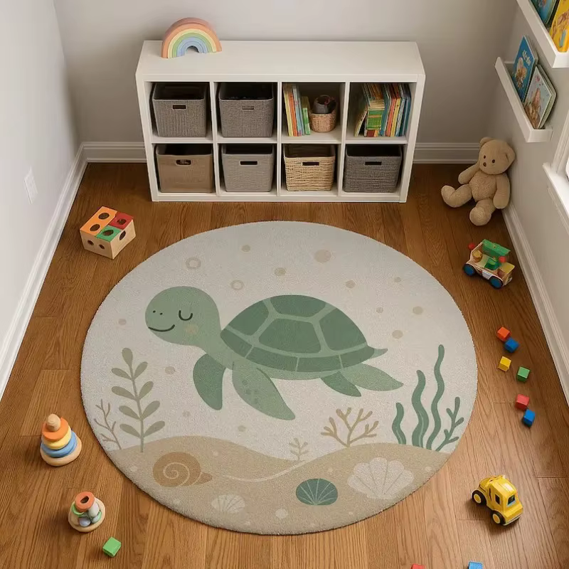 Tapis monde sous-marin vibrant, rond, océan, avec tortue, hippocampe et poissons, tapis de vie Marin