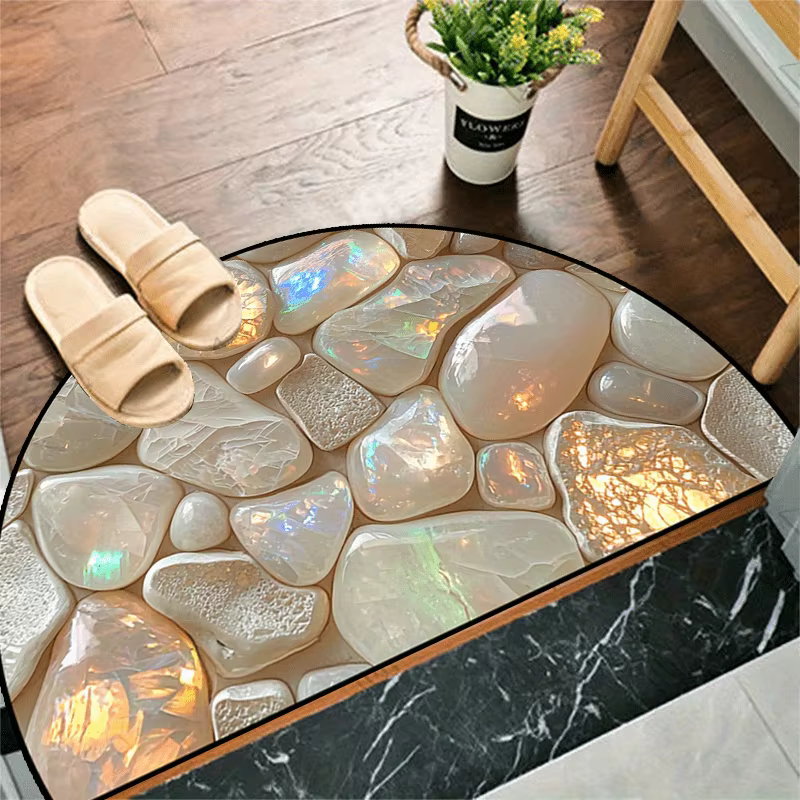 Tapis d'entrée semi-rond à motifs de carreaux vibrants, lavable, antidérapant, pour salon, chambre à