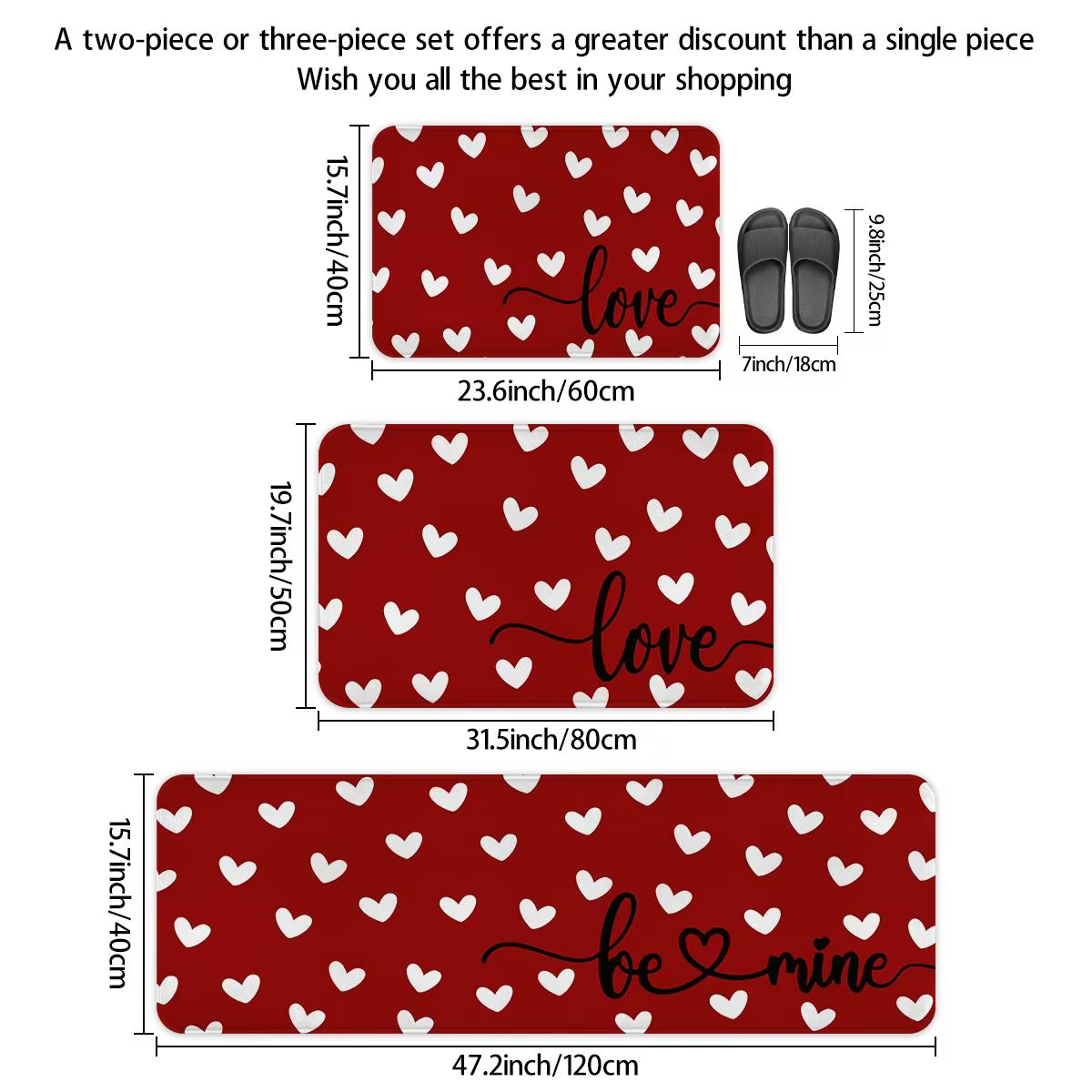 Ensemble de tapis de cuisine pour la Saint-Valentin, tapis de couloir de cuisine, avec petits cœurs