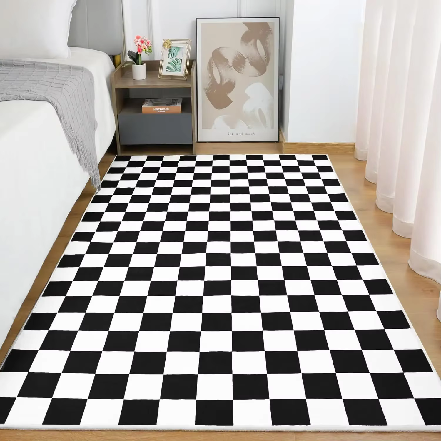 Tapis à carreaux noir et blanc pour salon chambre à coucher, tapis lavable doux 6x9 avec tapis antid