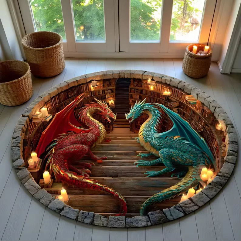 Tapis ronds de livre de Dragon, bibliothèque de livres 3D, tapis fantaisie, créature mythique, décor