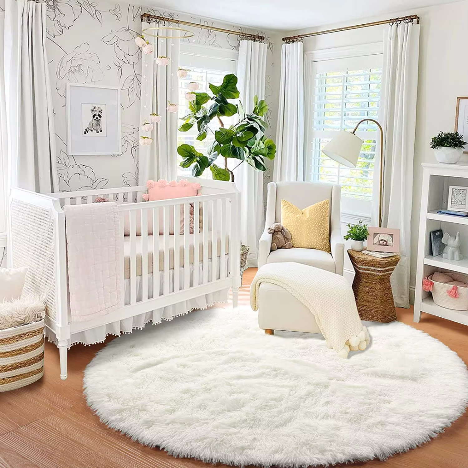 Tapis rond rose pour chambre de filles, tapis circulaire moelleux pour chambre d'enfants, tapis pelu