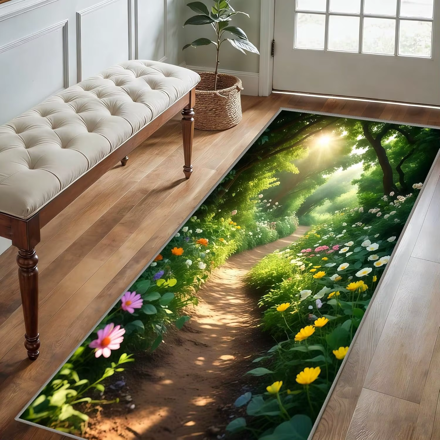 Tapis de couloir antidérapant 2D motif sentier forestier ensoleillé, imprimé floral, thème jardin bo