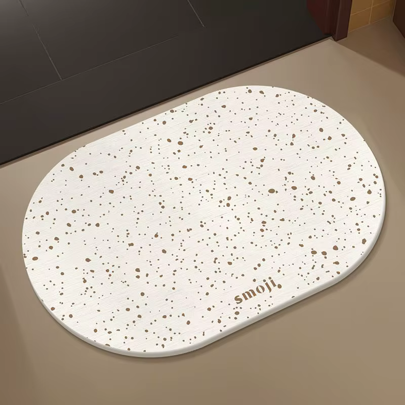 Tapis d'entrée VIKAMA en terrazzo moucheté moderne, couleur pastel macaron, contour ovale, antidérap