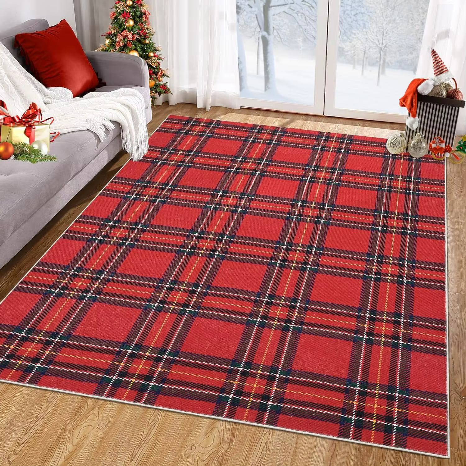 Tapis de salon de noël lavable en machine tapis de sol antidérapant lignes à carreaux verts tapis ca