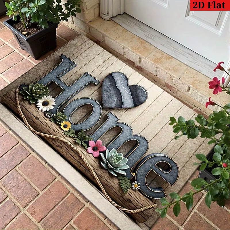 Paillasson rustique « Home » – Style bois avec cœur et fleurs pour entrée intérieure/extérieure et d