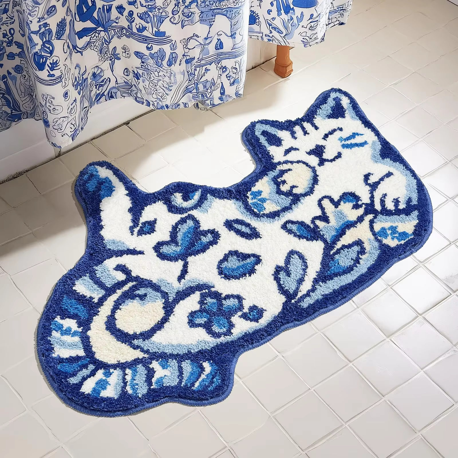 VIKAMA Tapis bleu Delft pour chat, antidérapant, absorbant, doux, pour salle de bain, décoration de 