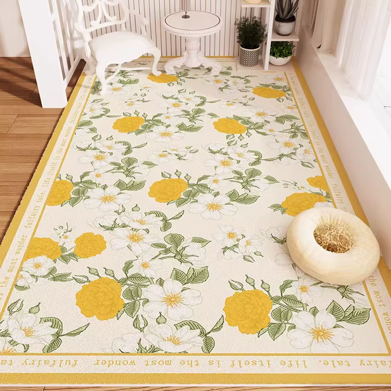 Tapis de salon lavable en machine, antidérapant, doux, motif floral jaune, tapis de chevet pour cham