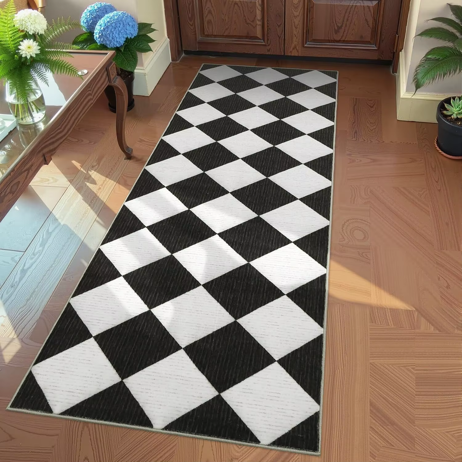 Tapis de couloir à motif damier, classique, minimaliste, géométrique, pour couloir, antidérapant, do