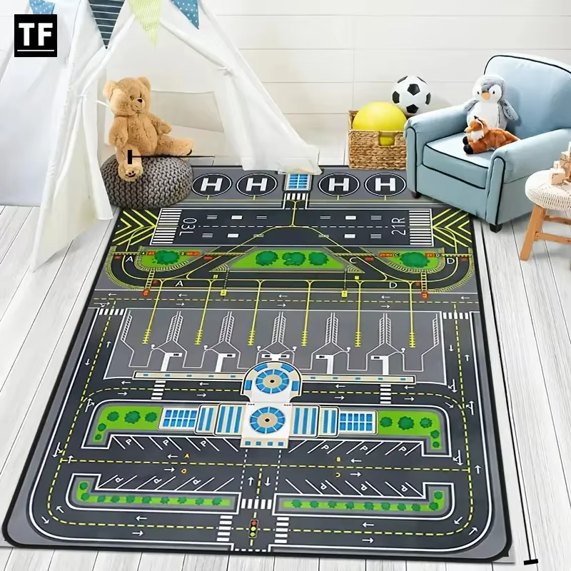 Tapis de jeu 3D VIKAMA: tapis lavable en machine de conception de thème de piste d'aéroport et d'avi
