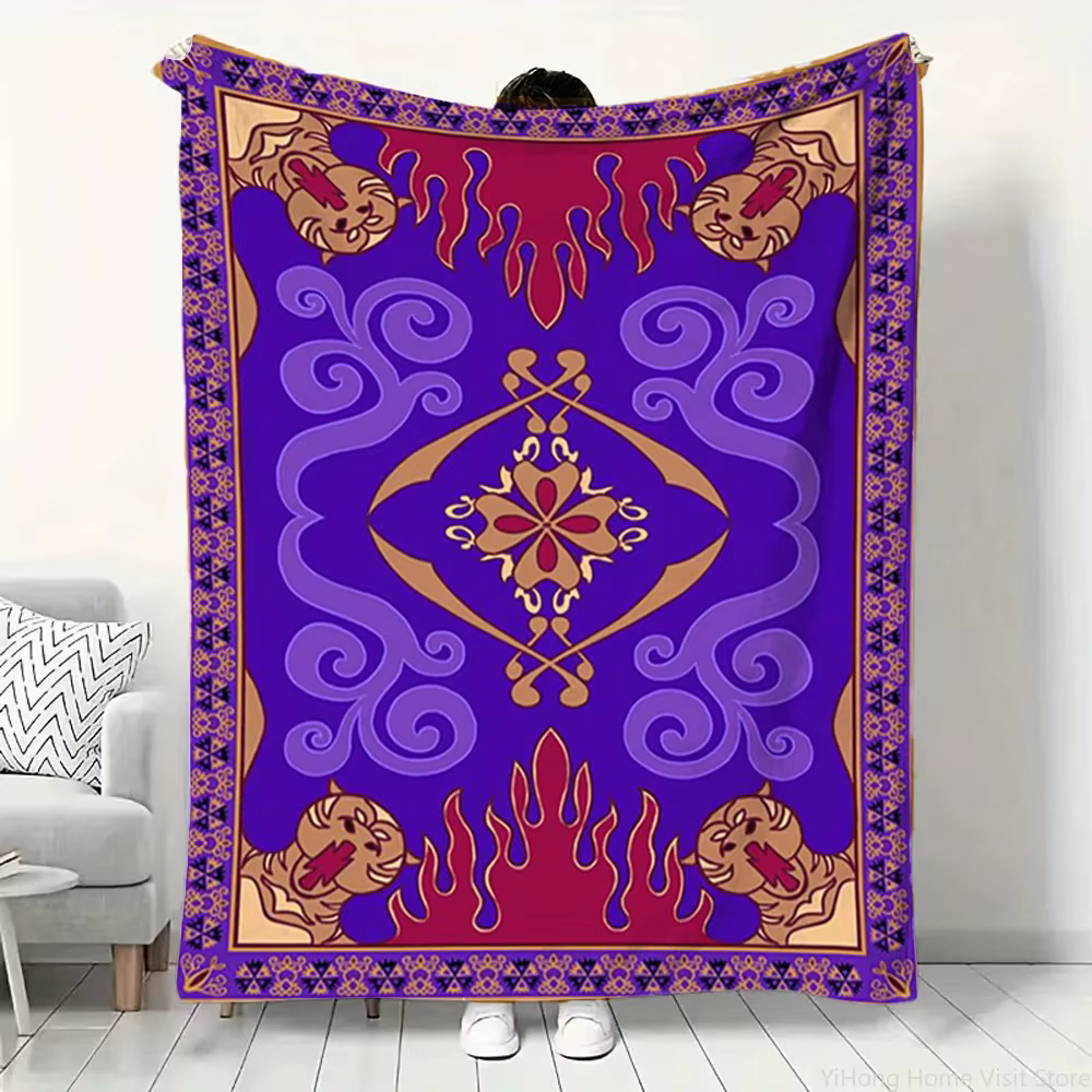 Couverture classique à imprimé tapis magique Aladdin, motif tapis magique flamme de tigre doré viole