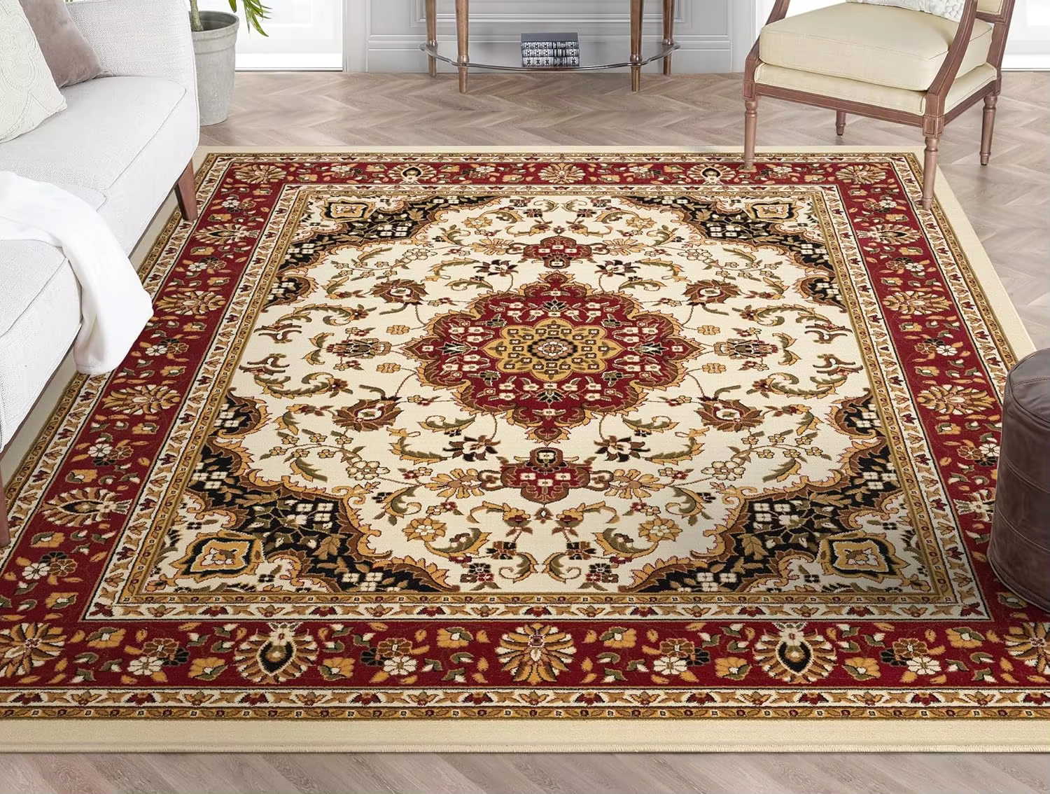 Tapis floral oriental, tapis traditionnel à motif de médaillon persan, tapis classique orné de fleur