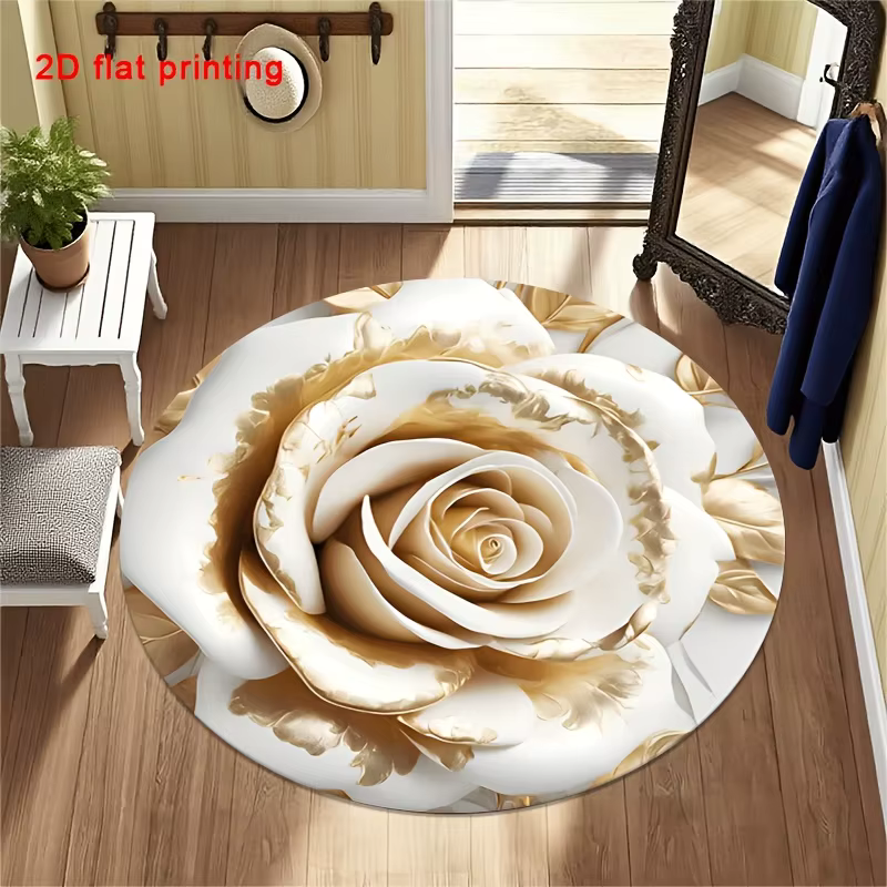 Tapis rond en or blanc à motif floral, tapis de sol circulaire de luxe, tapis d'accueil élégant pour