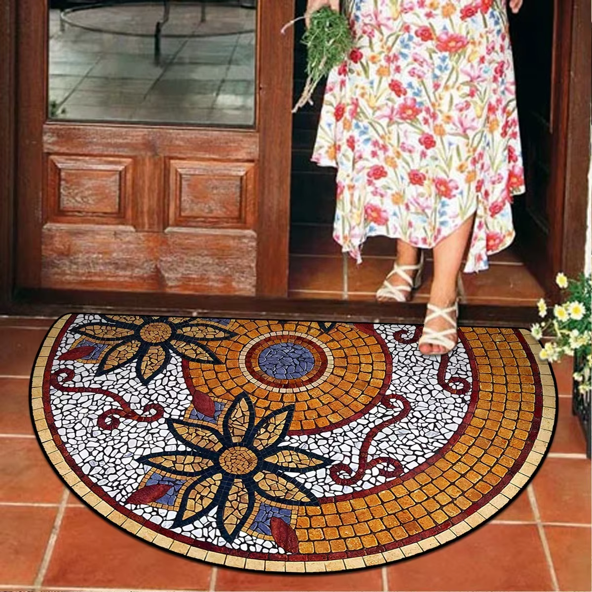 Tapis demi-lune à motif floral en mosaïque, tapis antidérapant pour la décoration de la maison, salo