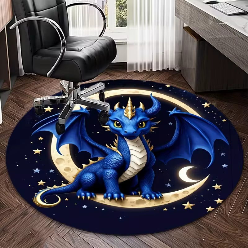 Tapis Dragon 3D gris argenté, créature fantastique, rond, avec détail Orange et noir, aile d'échelle