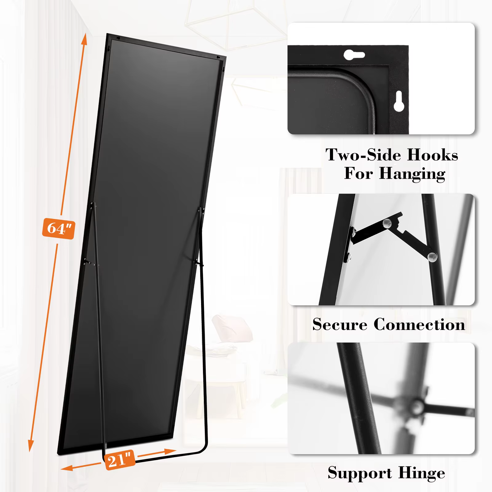 JHK 64 "x 21" miroir mural complet miroirs muraux suspendus ou inclinés avec support cadre en alliag