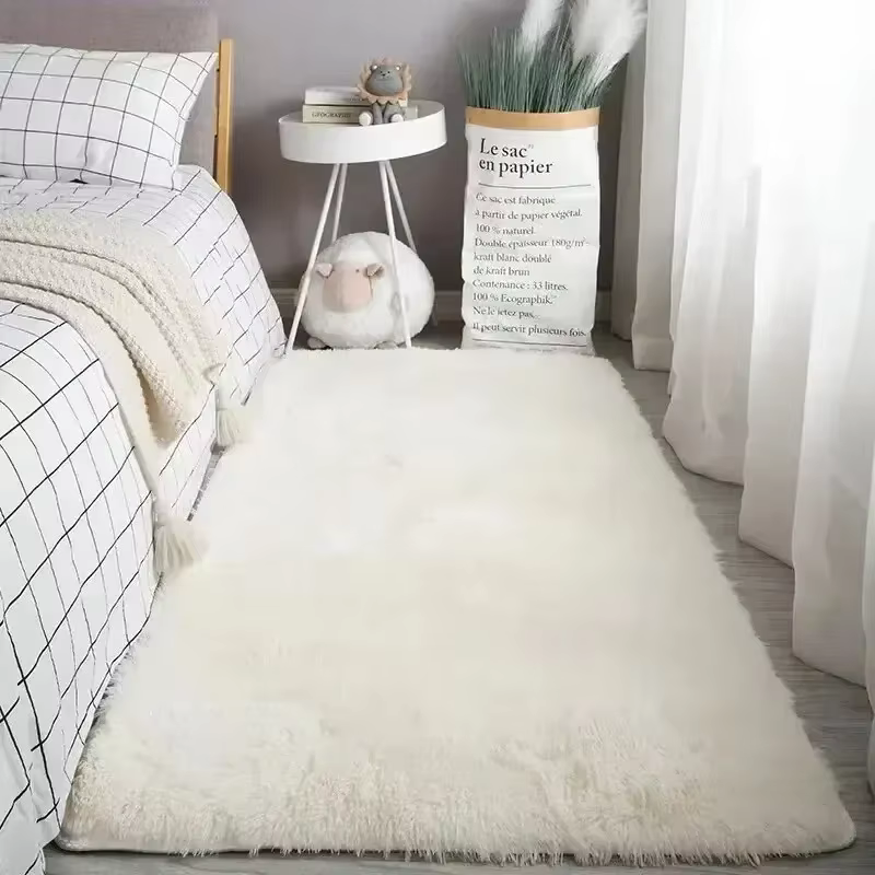 Tapis moelleux en peau de mouton blanc crème, en laine de soie, pour décoration de chambre à coucher