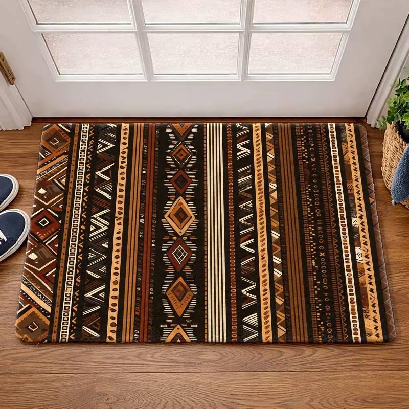 Paillasson Bohème à Rayures Tribales, Motif Géométrique Vertical Marron Vintage, Tapis d'Entrée Styl