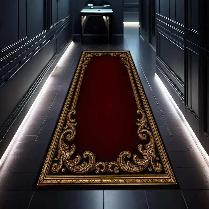 Tapis de couloir baroque royal cramoisi, gothique, rouge et or, décor luxueux de couloir, tapis de s