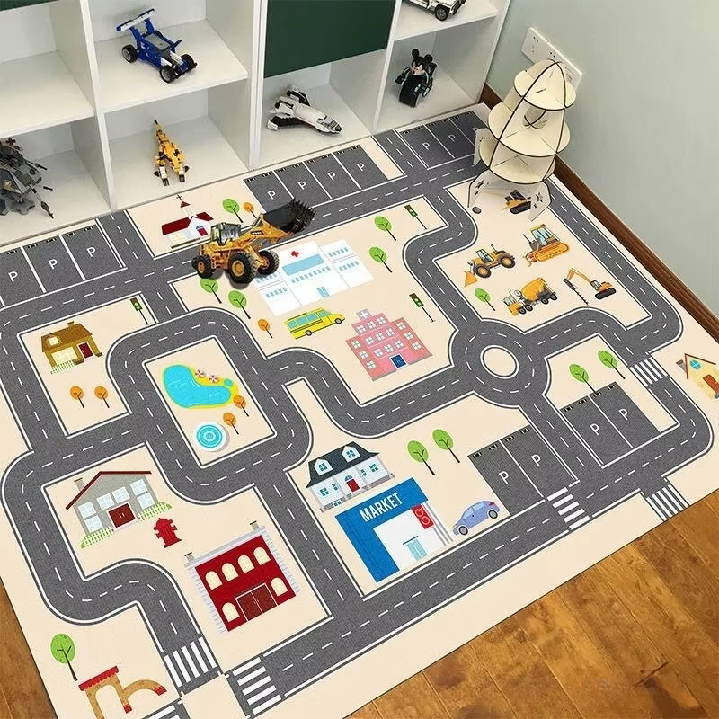 Tapis de jeu pour enfants, motif dessin animé, avec piste de circulation et parking, pour la materne