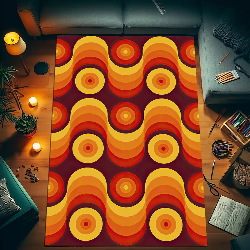 Tapis de sol rétro années 70 à motif vague circulaire dégradé, doux et antidérapant, pour la décorat