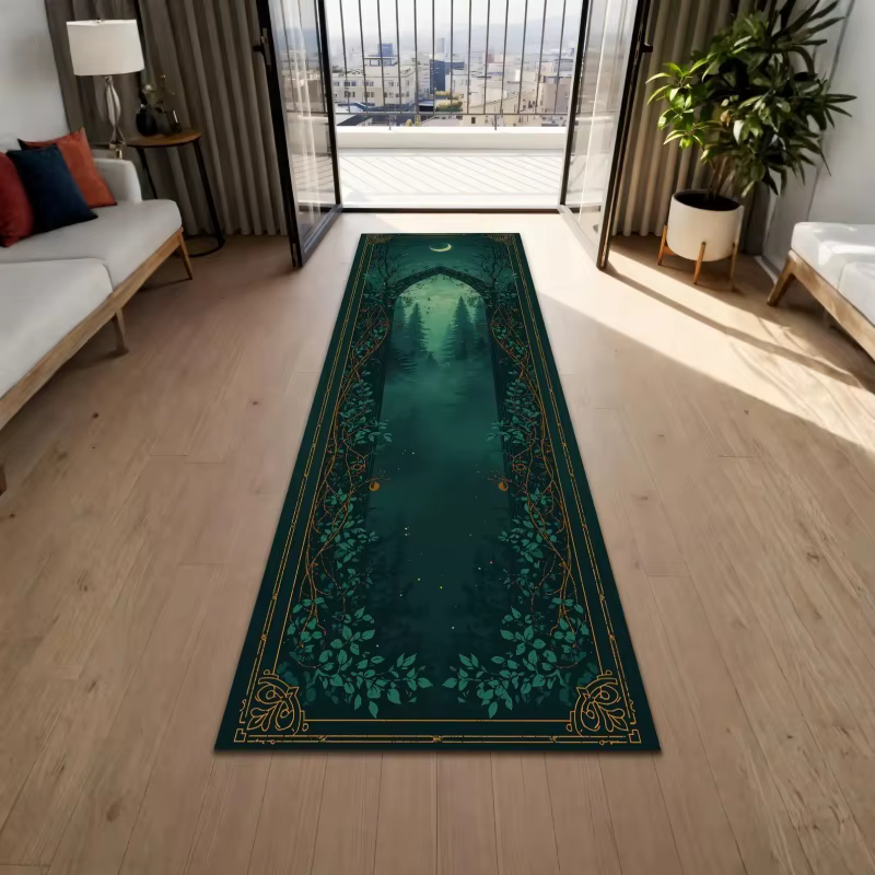 Tapis de couloir vintage en feutre avec bordure violette, motif soleil, lune et étoiles, antidérapan