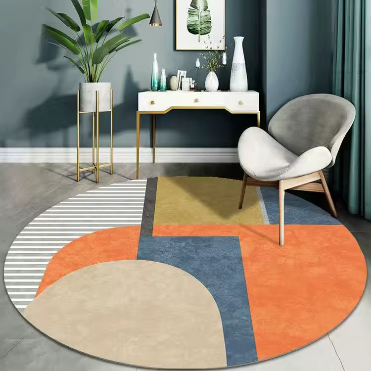 Tapis rond contemporain à blocs de couleur, antidérapant et lavable, tapis à rayures orange et gris 