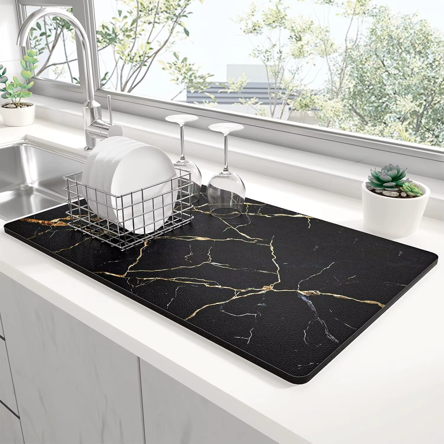 Tapis de séchage de cuisine en marbre, antidérapant, résistant à la chaleur, pour plan de travail, d