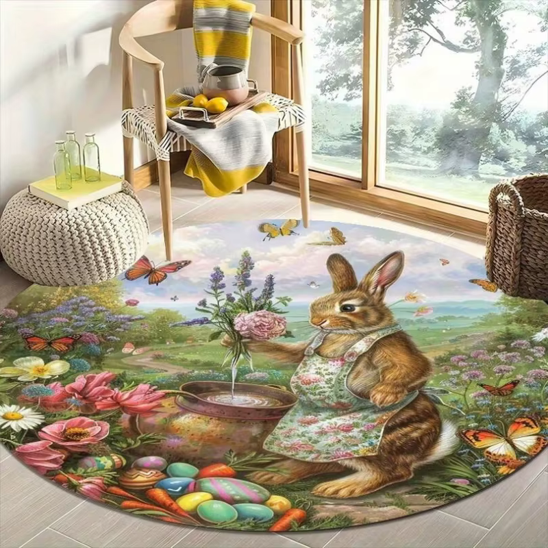 Tapis rond antidérapant doux à imprimé lapin, canard et marguerite, pour chambre d'enfant et salle d