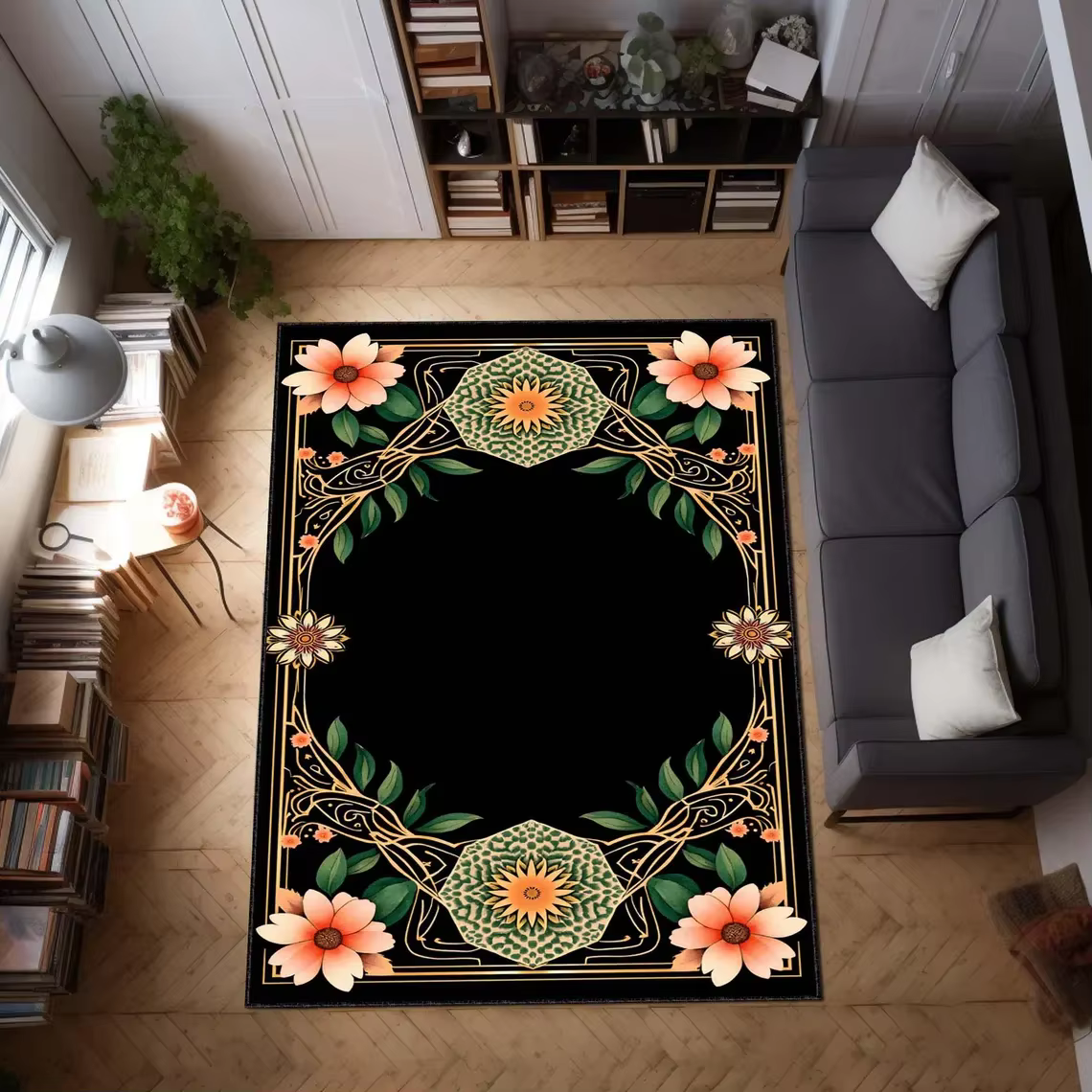 Tapis élégant Art Déco, tapis floral de luxe, tapis vintage glamour, tapis de sol moderne classique,