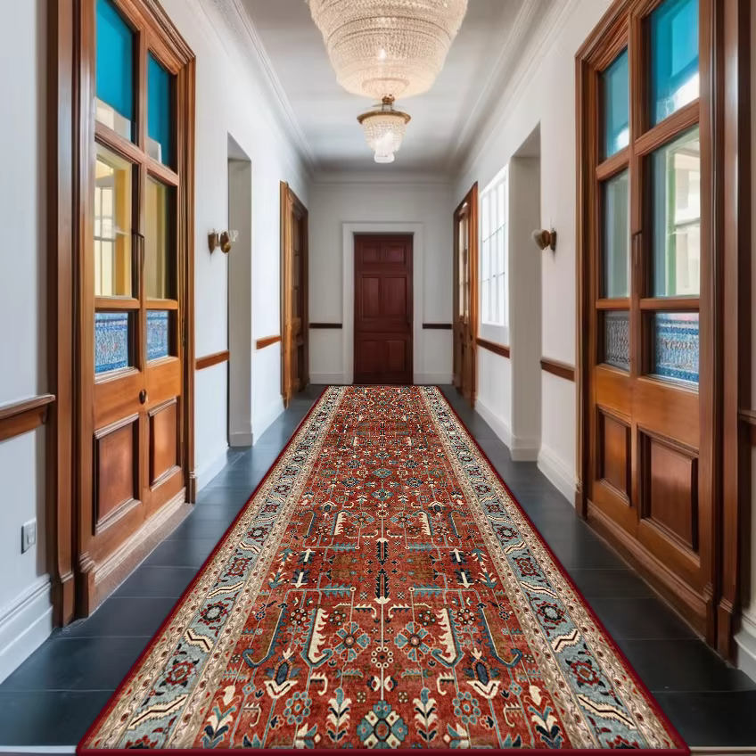 Tapis de couloir Long rouge persan, antidérapant, décoration de maison bohème rétro, tapis d'entrée