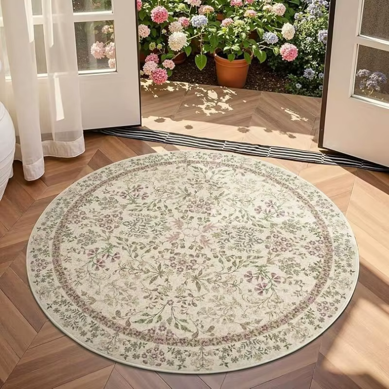 Tapis rond d'extérieur noir beige bohème mandala lotus, antidérapant, résistant aux intempéries, pou