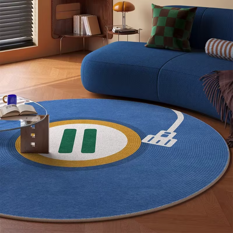 Tapis de salon imperméable, antidérapant, résistant aux taches, rond, motif disque vinyle noir, gran