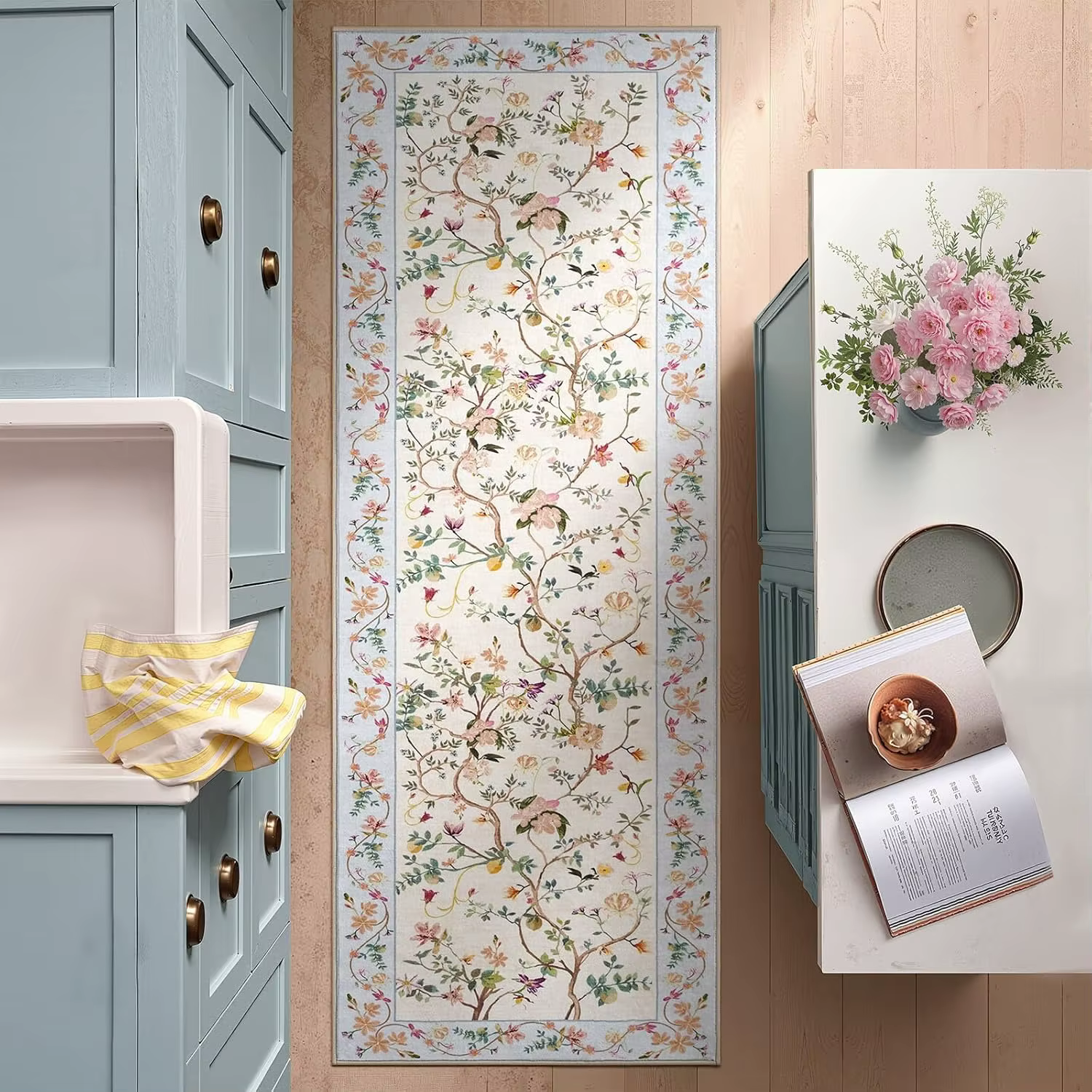 Tapis de couloir vintage à motif floral, élégant et traditionnel, imprimé d'arbres floraux, antidéra