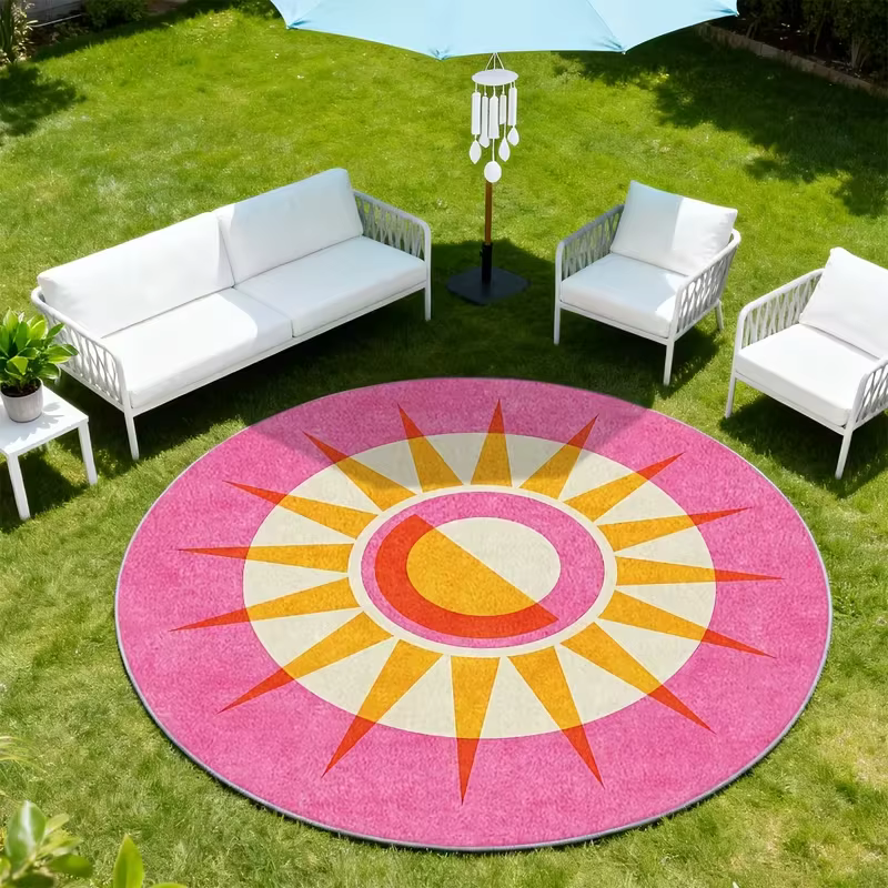 Tapis rond d'extérieur rose rétro à rayons de soleil, imprimé géométrique, antidérapant, pour patio,