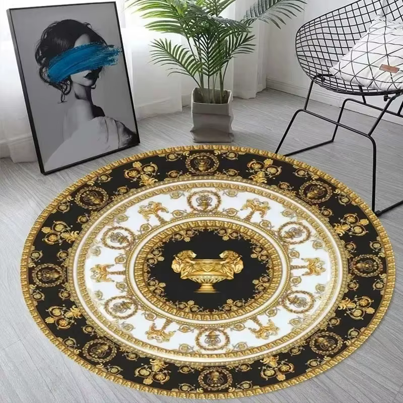Tapis circulaire imprimé doré rétro nordique, antidérapant, facile à nettoyer, est un tapis durable 