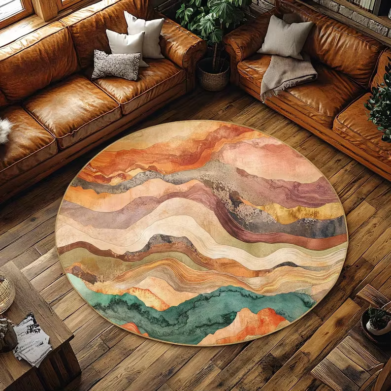 Tapis Rond Arbre de Vie Teal, Tapis de Jardin Persan Bourgogne Doré, Décoration Intérieure, Tapis de