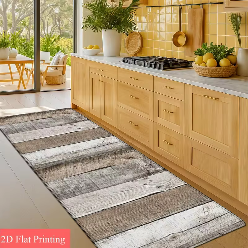Tapis de couloir rustique à motif bois grainé brun foncé, texture de planches de bois imprimée, tapi
