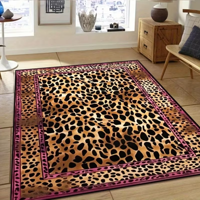 Tapis à imprimé léopard avec bordure rose, antidérapant, lavable, doux, moderne, pour salon, chambre