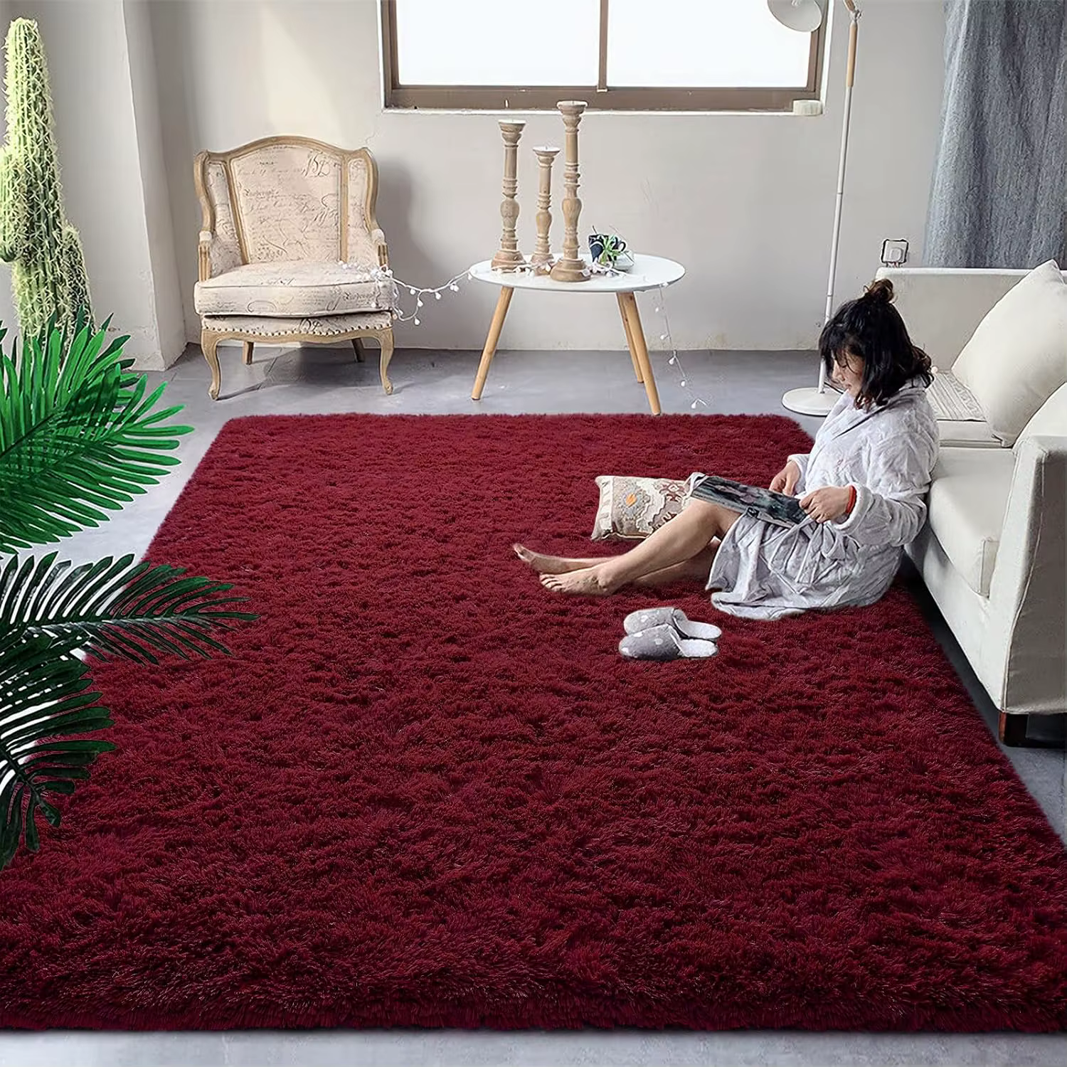 Tapis Shaggy super doux, tapis moelleux, zone rouge bordeaux, salon, chambre à coucher, chambre d'en