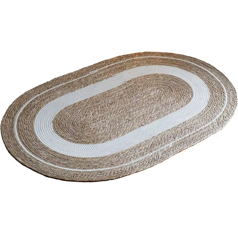 Tapis ovale en jute tressé, style bohème naturel, avec rayures blanches, lavable et antidérapant, po