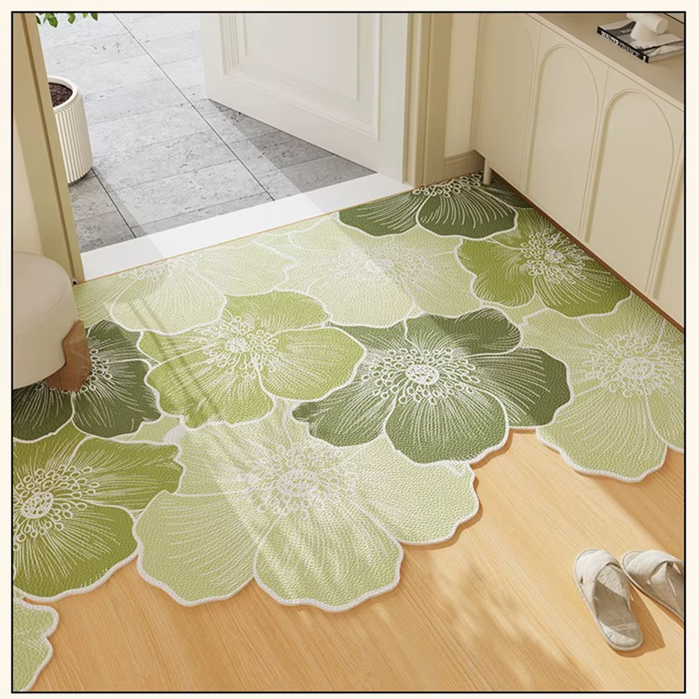 VIKAMA Tapis d'entrée vert à motifs floraux, tapis de couloir à bords ondulés, durable, résistant au
