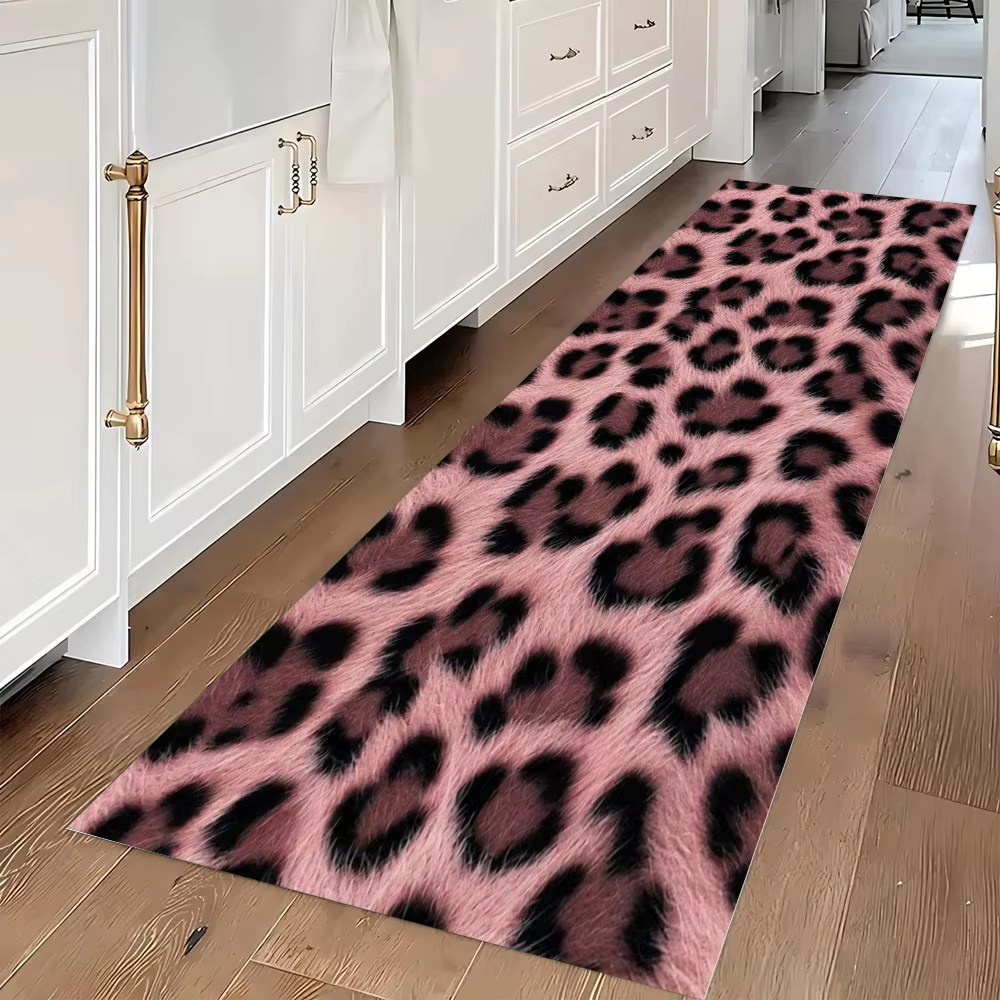 Tapis de couloir long rose léopard antidérapant et lavable, tapis de cuisine tendance imprimé guépar