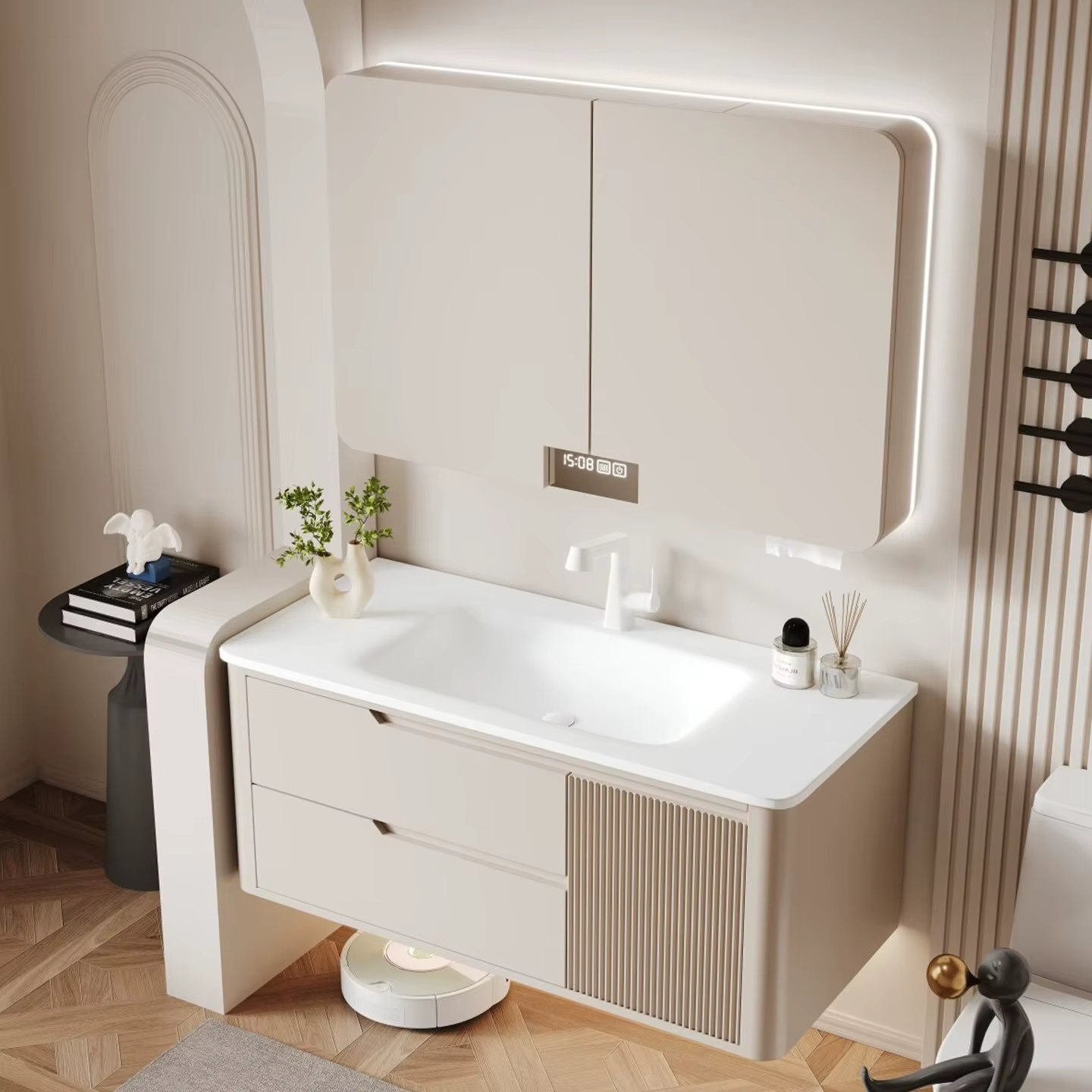 Meuble de salle de bain en Corian crème avec lavabo, miroir Feng Shui pliant en chêne, lavabo intell