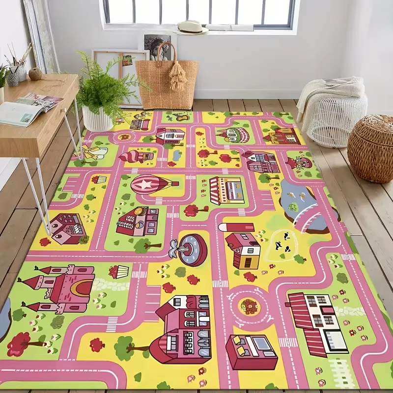 Tapis de ville rose pour décoration de chambre de filles, tapis de jeu pour enfants, tapis de salon 